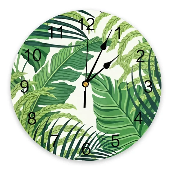 Green Tropical Leaves Wall Clock Large Modern Kitchen Dinning Round Wall Clocks Bedroom Silent Hanging Watch（10 Inch）