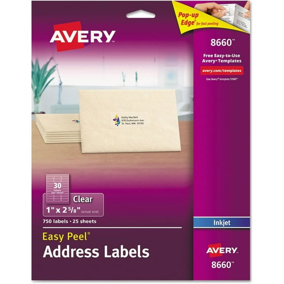 Matte Clear Easy Peel Mailing Labels W/Sure Feed Technology, Inkjet Printers, 1 X 2.63, Clear, 30/Sheet, 25 Sheets/Pack
