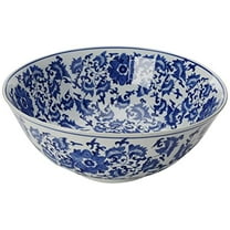Oriental Furniture 14" Floral Blue & White Porcelain Bowl