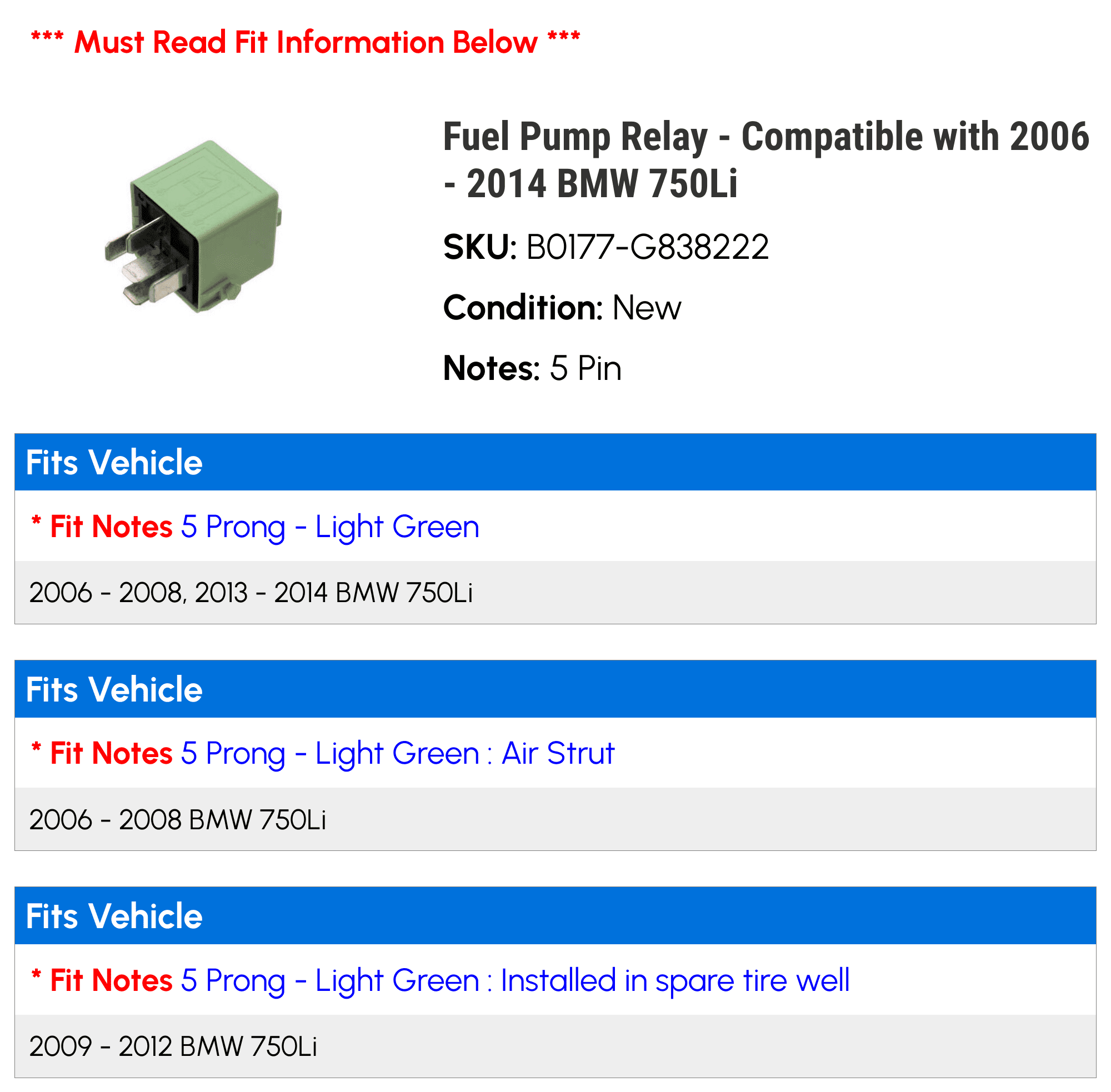 Fuel Pump Relay - Compatible with 2006 - 2014 BMW 750Li 2007 2008 2009 2010 2011 2012 2013