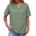 thumbnail image 2 of Horkkom Linen Shirts for Women Summer V Neck Short Sleeve Shirts Casual Solid Color Loose Blouses with Pocket XL, 2 of 8