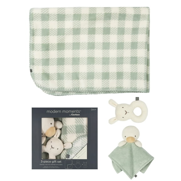 Modern Moments By Gerber Gender Neutral Plush Blanket, Security Blanket & Rattle Gift Set, 3-Piece