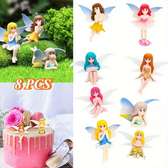 Fairy Decor 8 Pcs Set, Small Hand Painted Fairy Figurines with Wings for Miniature Garden, Cake Decoration, and Car Dashboard