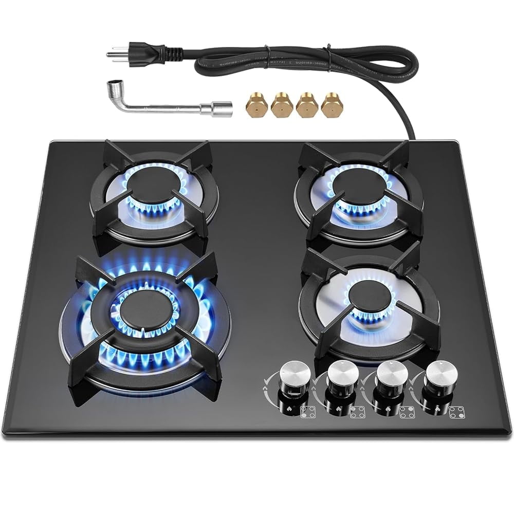 GRACEALL 4 Burner Gas Stove Cooktop 24in, Glass Top Built-in Gas Burner Hob, NG/LPG Compatible