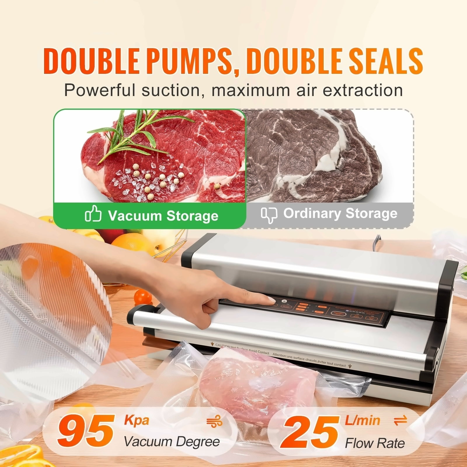 Vacuum Sealer Machine, 95Kpa Dual Pump, Automatic Food Sealer with Bags & Hose