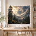 thumbnail image 5 of Misty Mountain Valley with Cliff Face and Pine Forest, Dramatic Digital Art for Nature Lovers, Atmospheric Landscape Art Print Housewarming Gift Tapestry Wall Hanging for Living Room and Bedroom, 5 of 7