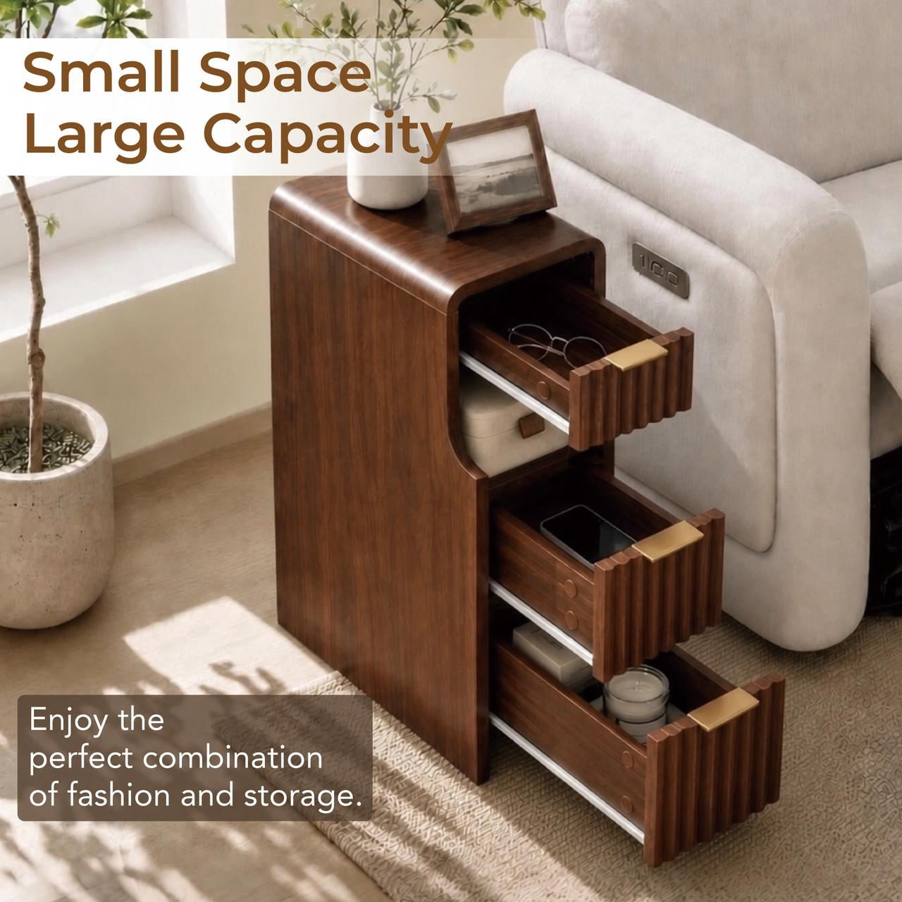 Spruce & Spring Mid-Century Modern Narrow Nightstands Set of 2 with 3 Drawers & Open Shelf for Living Room, End Table for Small Spaces, Walnut