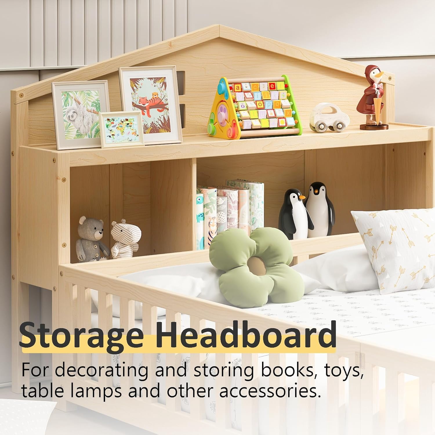 Mirightone Full Montessori Floor Bed with Storage Headboards and Guard rails, Montessori Bed Frame with Blackboards for Kids Teens, Natural
