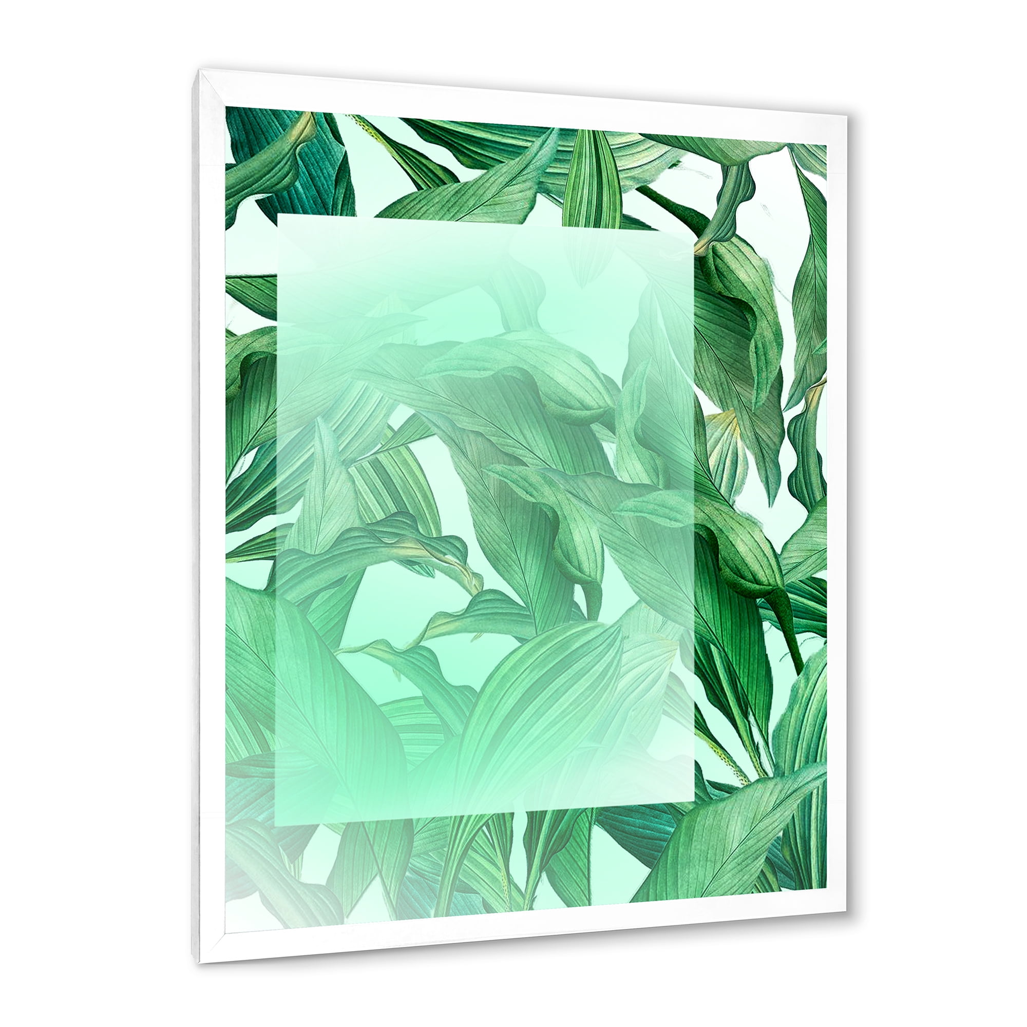 Designart 'Tropical Palm Green Leaves Under White Rectangle' Nautical & Coastal Framed Art Print