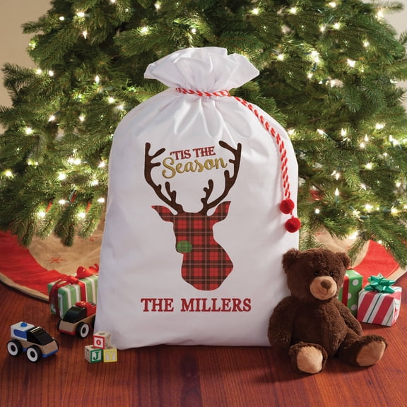 Personalized Plaid Deer Santa Sack, 2 Sizes To Choose From