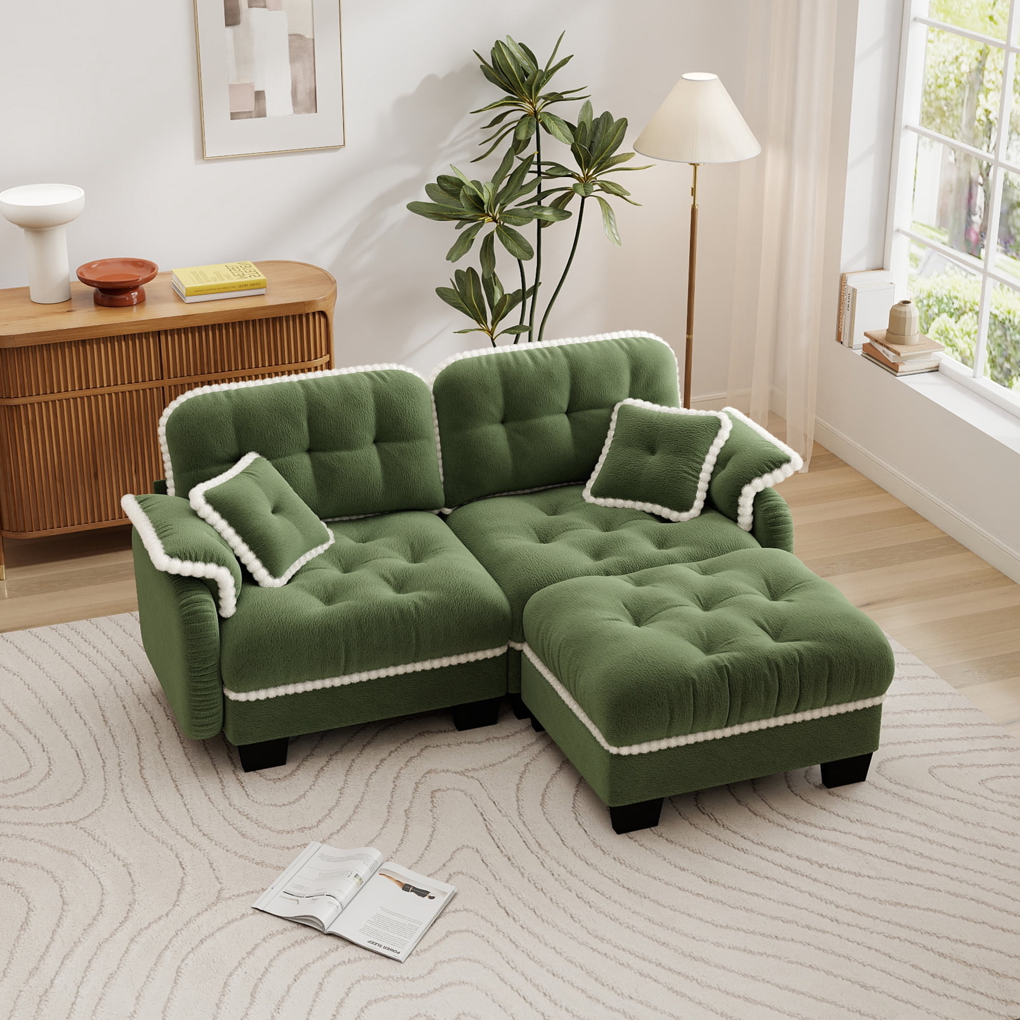 Aenkyo 70" Chenille Modular L-Shaped Sectional Sofa with Movable Ottoman, 23.8" Deep Seat, Green