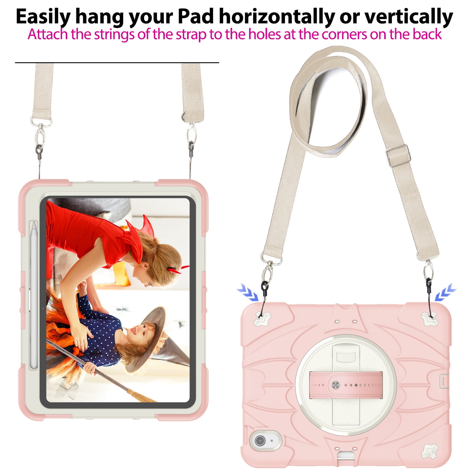 ELEHOLD Case for Apple iPad Air 11 (2024), Heavy Duty Shockproof Case with Pencil Holder/Stand/Hand Strap/Shoulder Belt, Rugged Protective Cover for Boys Girls,Pink