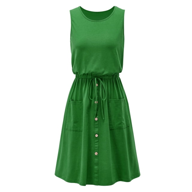 Robes d'Été pour Femmes Couleur Unie Col Rond Sans Manches Bouton Robe Ample avec Poche Robes de Plage Sans Manches pour Dames