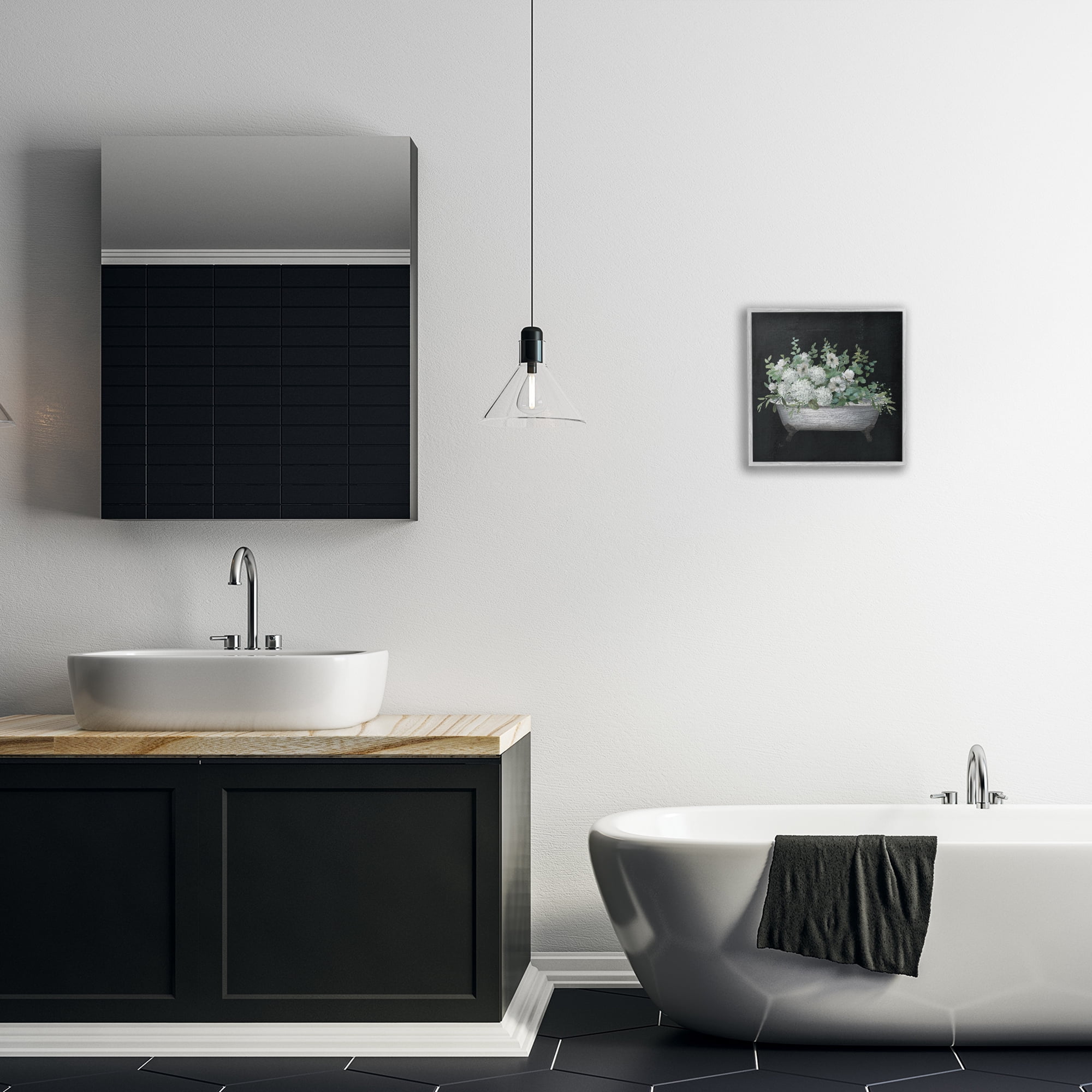 Stupell Industries Floral Bath on Black Typography Painting Gray Framed Art Print Wall Art, 12 x 12