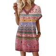 thumbnail image 3 of CHIUNL Summer Dresses for Women, V Neck Short Sleeve Ethnic Floral Mini Dress with Pockets, Casual Boho T-Shirt Dress, Fashion Vacation Outfits for Beach, Women Clothing (Pink S), 3 of 8