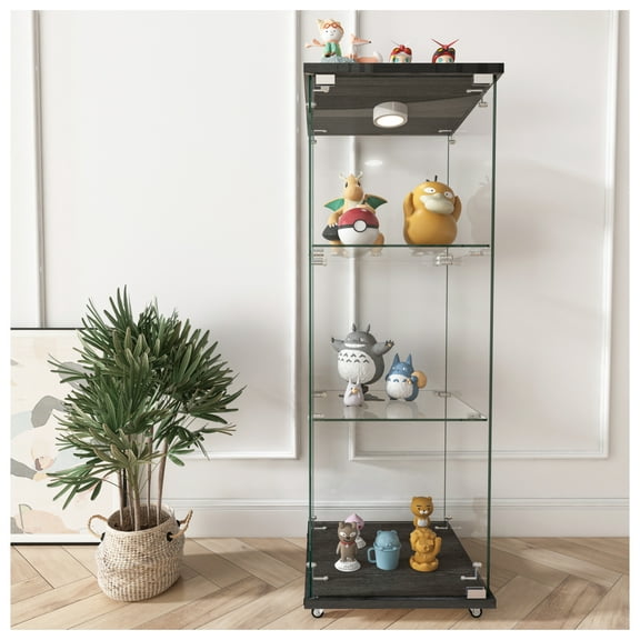 Glass Display Cabinet with LED Lights, 3-Shelf Black Showcase; Quick Assembly Tempered Glass Bookshelf for Living Room, Bedroom, Collectibles
