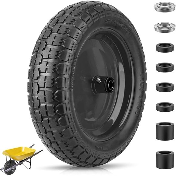 4.80/4.00-8 Tire, 14.5" Flat Free Wheelbarrow Tire and Wheel, Solid Replacement Tires with 3" Centered Hub, 5/8" 3/4" Bearings, Universal Fit 4.80/4.00-8, 3.50/3.00-8, 4.00-6 (Black)