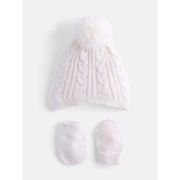 Wonder Nation Baby Boys or Girls Pom Pom Beanie and Mittens Set, 2 Piece, One Size
