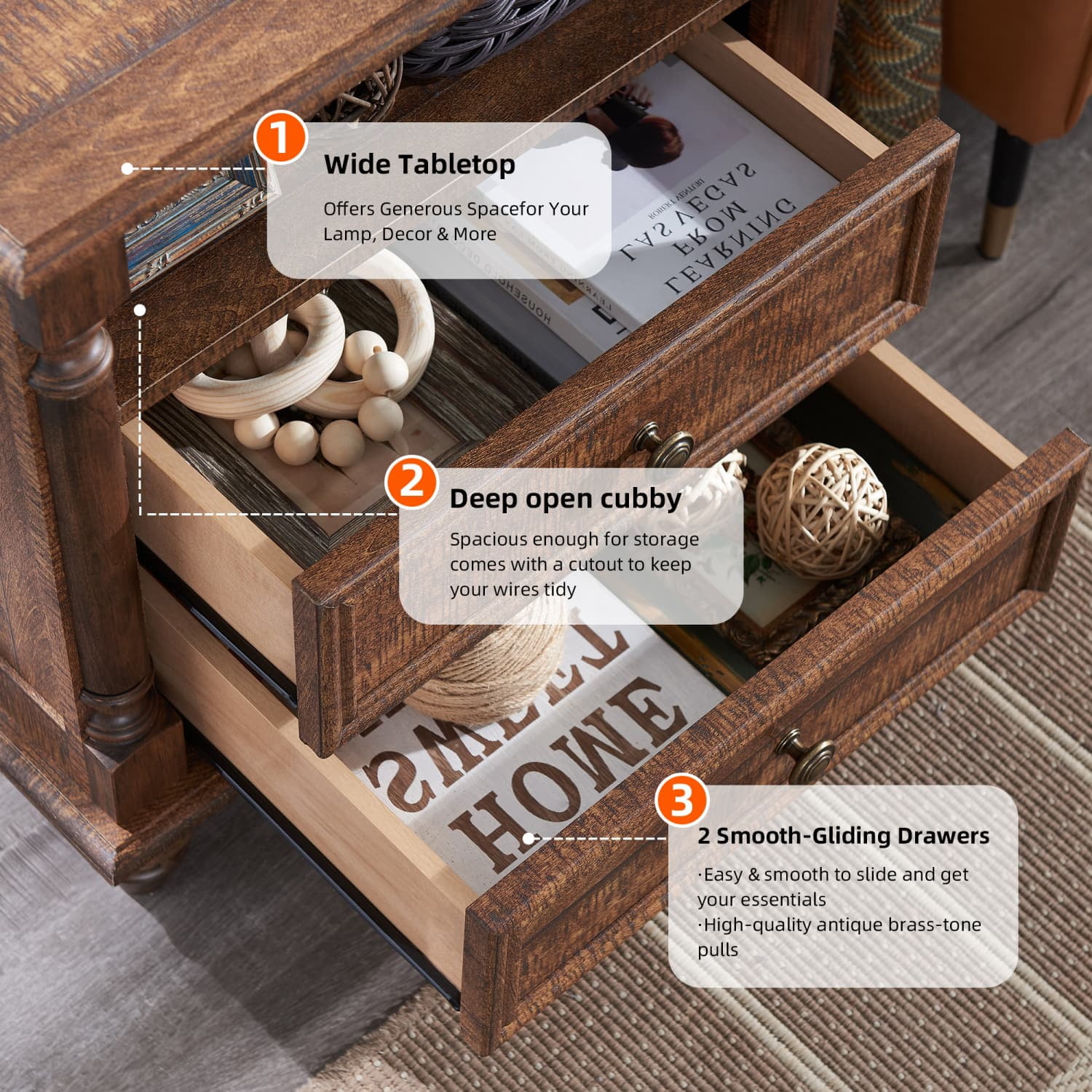 OKD Farmhouse Nightstand, 3 Drawer Wood Side Table with Charging Station for Bedroom, Living Room, Reclaimed Barnwood
