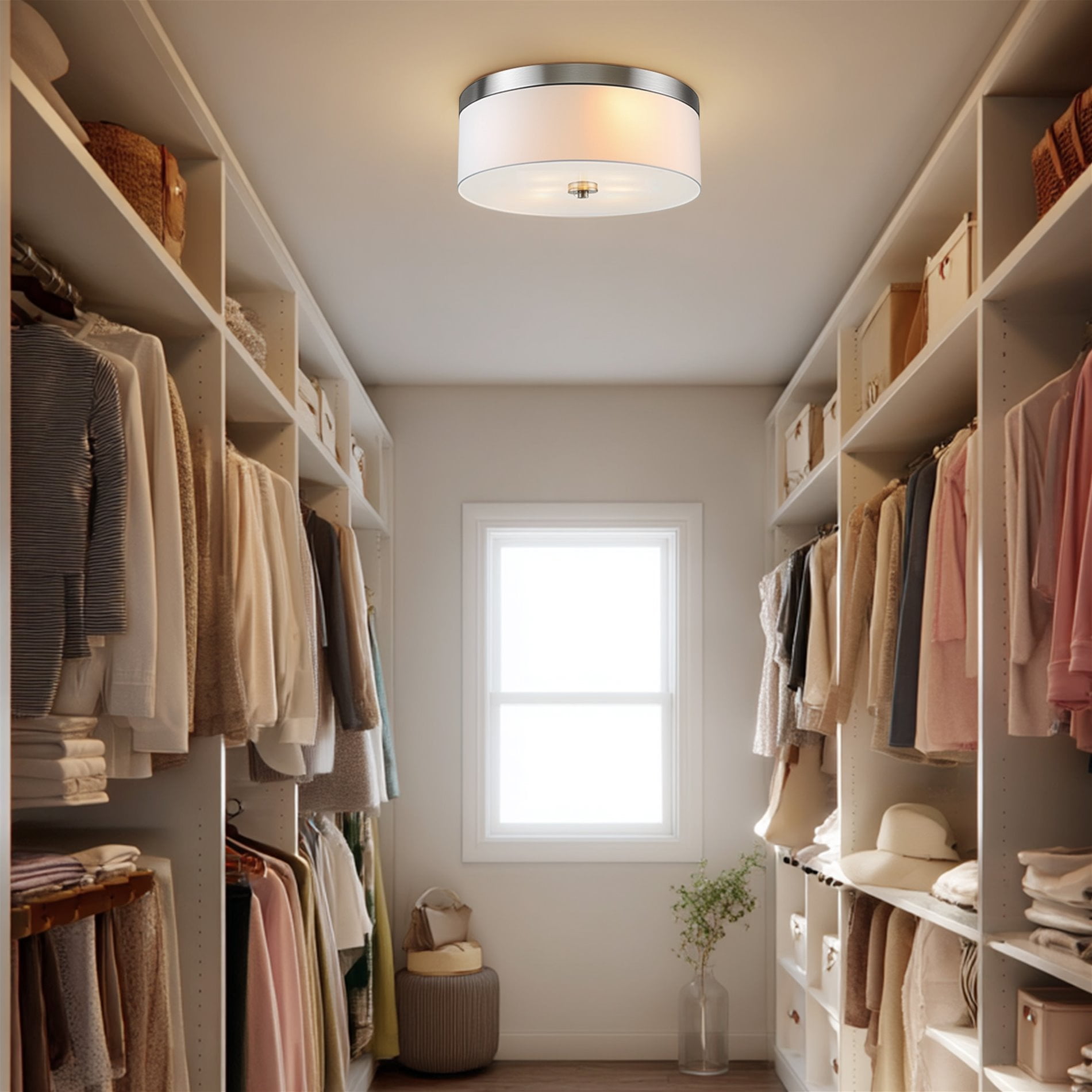 Kira Home Walker 15" Drum Flush Mount Ceiling Light, White Fabric Shade, Frosted Glass Diffuser, Close to Ceiling