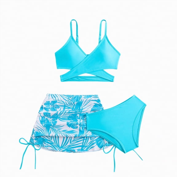 Bosanter Bathing Suits For Girls 3 Piece Bikini Bathing Suit Stylish Print Bow Swimsuit Set Cute Bikini Swimwear, Sky Blue 9-10Y