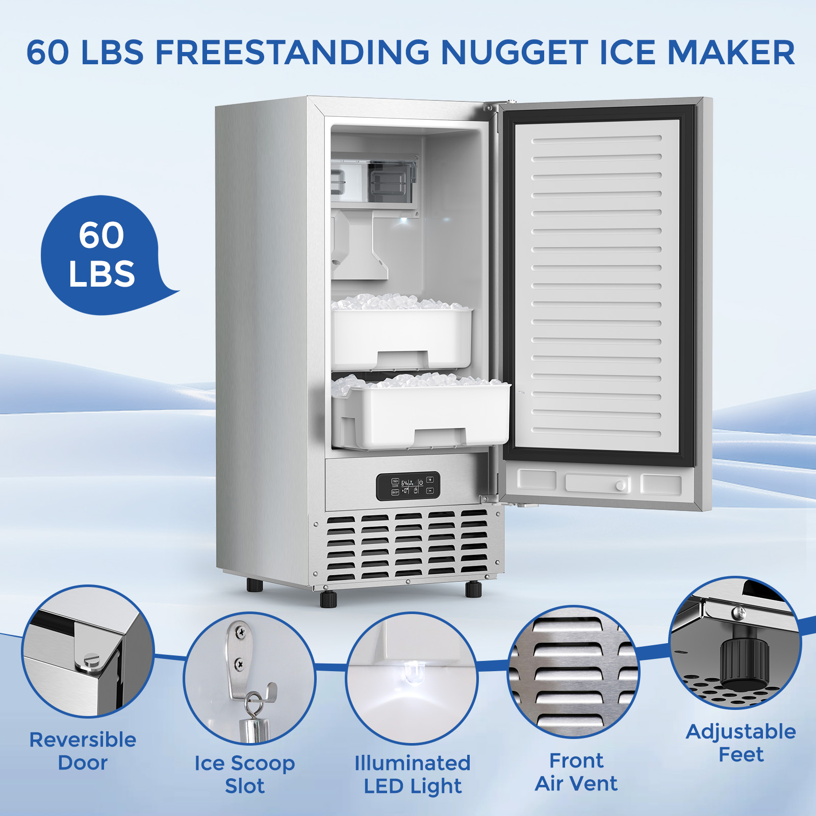 KNDKO Commercial Ice Maker Machine, Stainless Steel ice Machine, Nugget Ice, Automatic Cleaning, Appointment Timing Function, 80lbs/24h