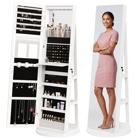 Sweetcrispy 360° Rotating Jewelry Cabinet with Round Rolling Swivel Base, Built-in Bright LED Lights, Large Capacity Space-Saving Vertical Jewelry Armoire, White