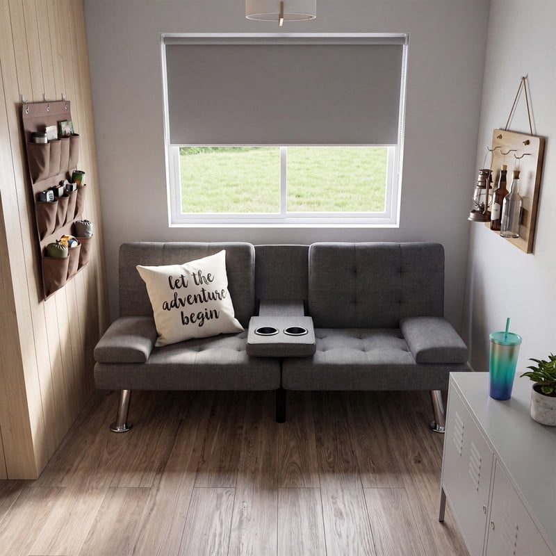 Lacoo Futon Sofa Bed, Linen Convertible Couch Sleeper Sofa, Cup Holders, Small Spaces,Drak Gray