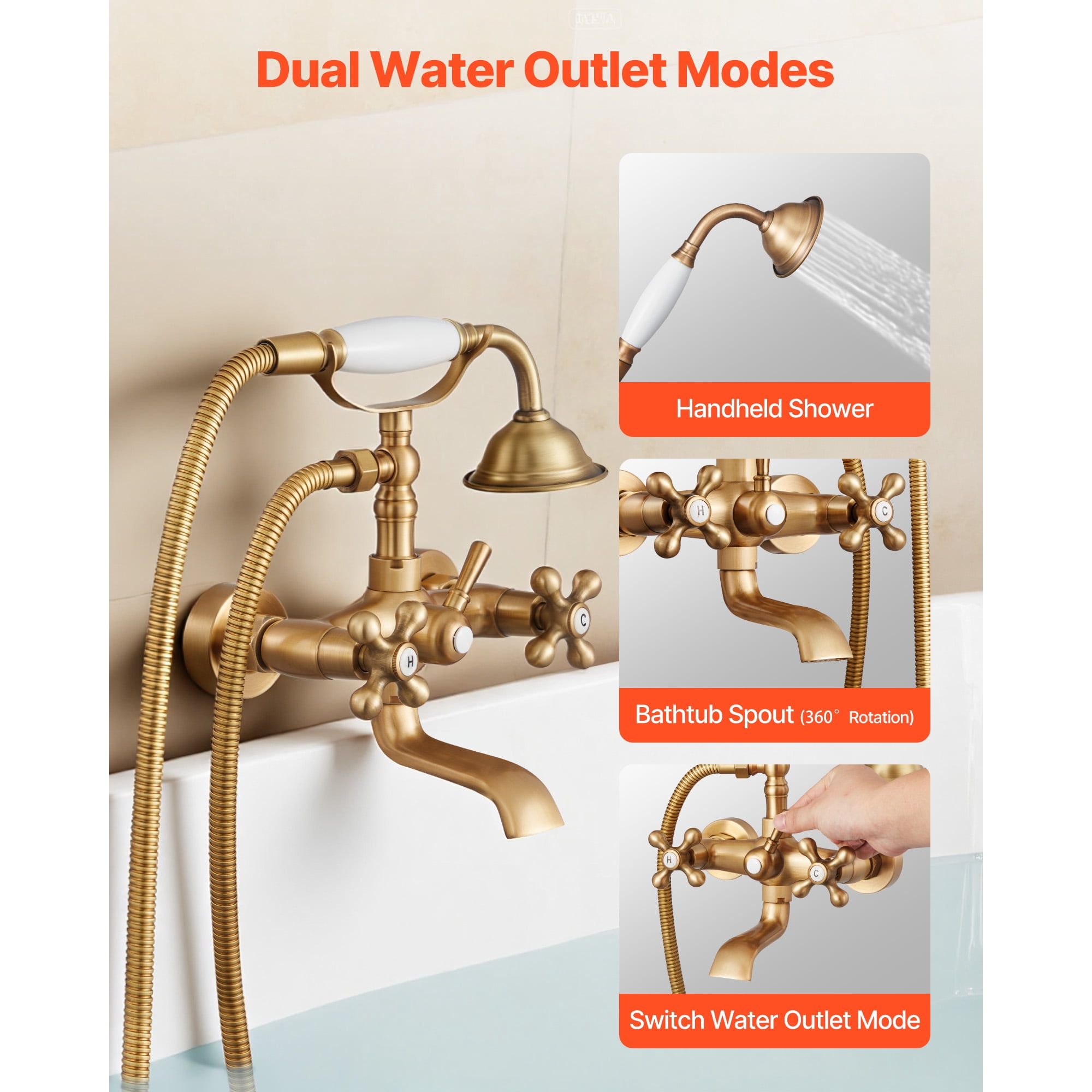 KFFKFF Wall-Mounted Clawfoot Tub Faucet with Handheld Shower, Vintage Brushed Gold Finish, Adjustable Swing Arms, and 360° Rotating Spout for Bathtubs