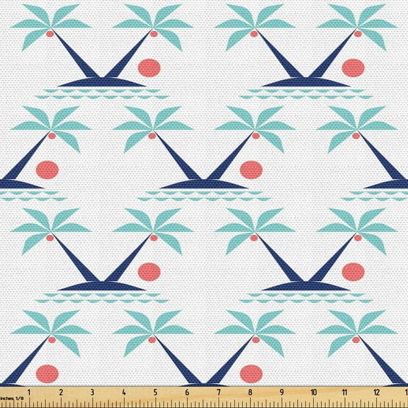 Ambesonne Tropic Island Fabric by the Yard Upholstery, Summer Coconut Trees, 2 Yards, White Night Blue and Seafoam