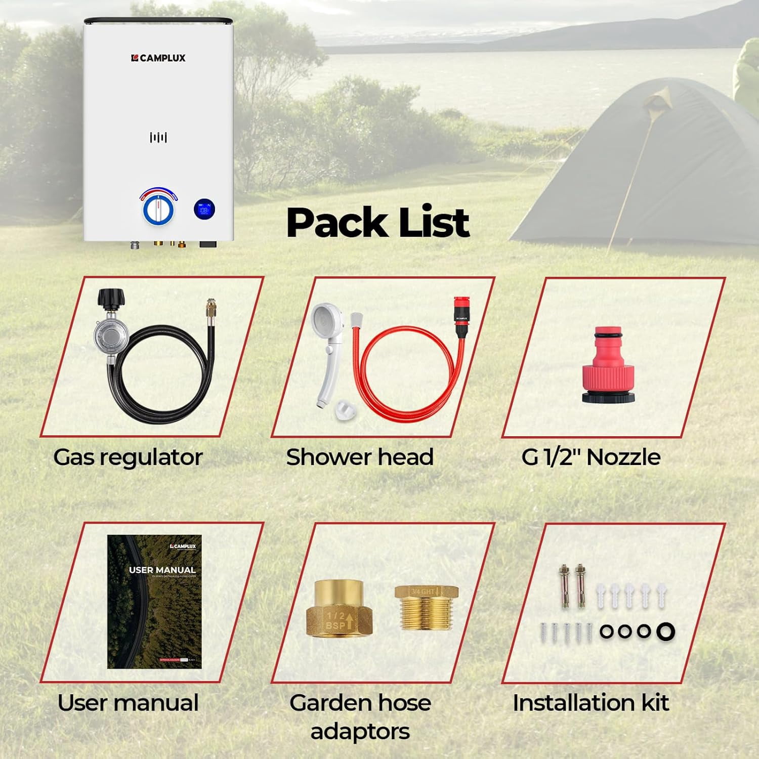 CAMPLUX First 2.64GPM 68,000 BTU Portable Propane Outdoor Tankless Water Heater F10, Camping Water Heater with LED Digital Display