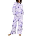 thumbnail image 2 of Puntoco Traje De Pantalón Y top De Cuello Redondo De Manga Larga Con Estampado De Rayas Informal De Verano Para Mujer Morado L, 2 of 5