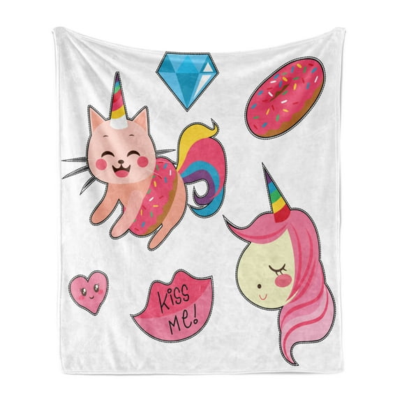 Unicorn Cat Soft Flannel Fleece Throw Blanket, Girls Characters Mythological Mascots, Cozy Plush for Indoor and Outdoor Use, 50" x 70", Pink Multicolor, by Ambesonne