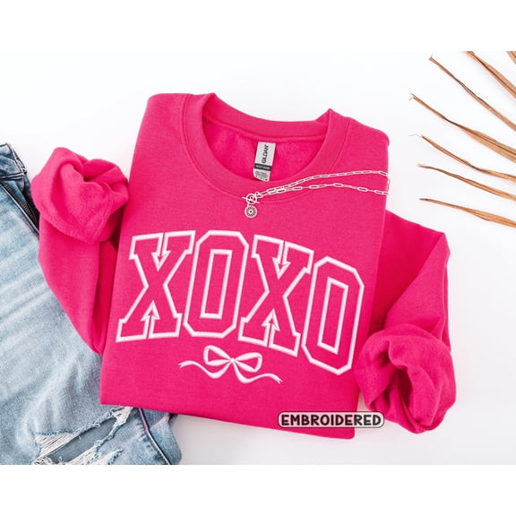 XOXO Coquette Bow Sweatshirt, Embroidered Valentine's Day Sweatshirt, Galentines Sweatshirt, Embroidered Sweatshirt, Valentine's Embroidered