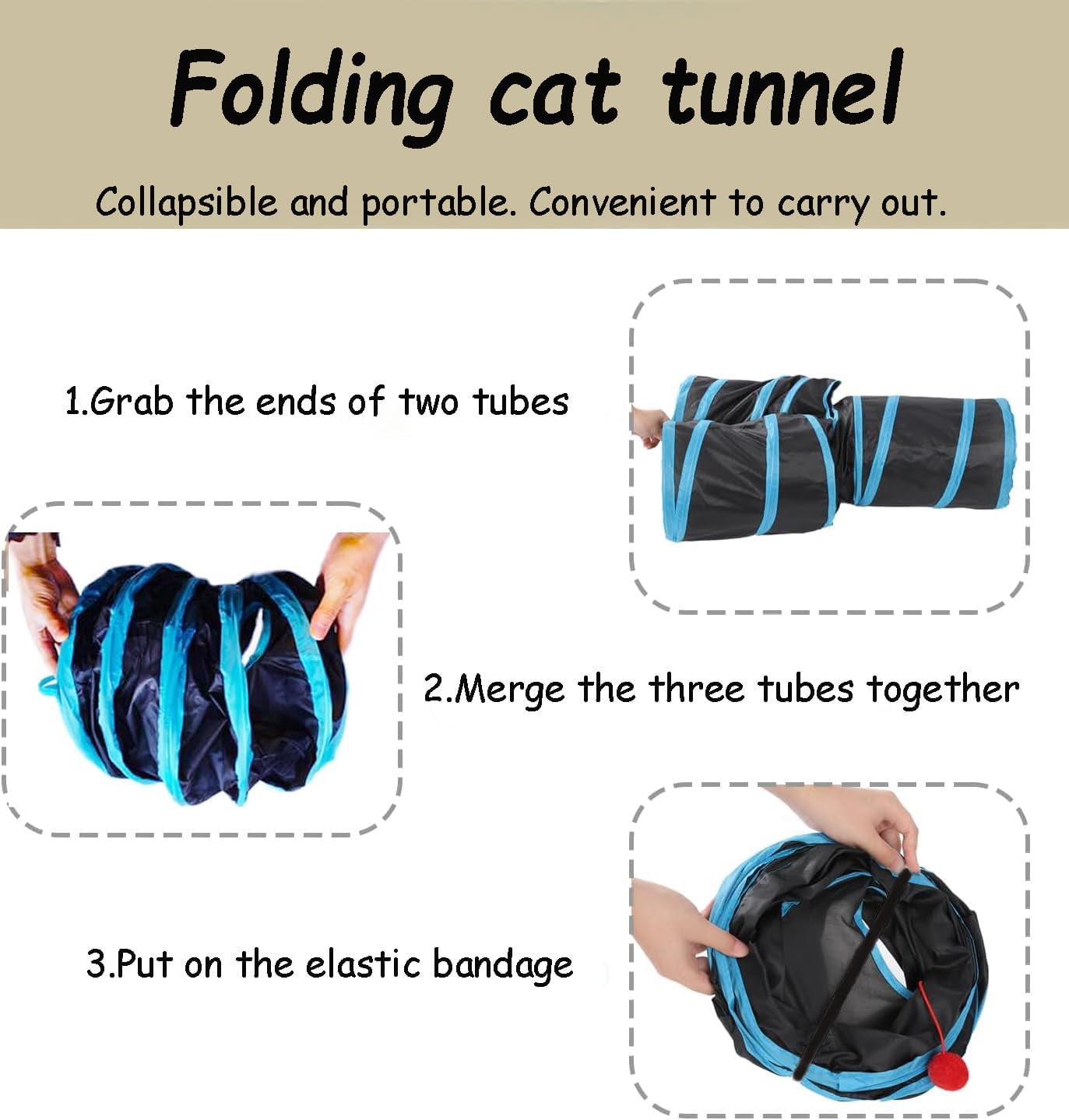 Pet Cat Tunnel Toy, 3 Way Collapsible Cat Tunnel Tube, Peek Hole and Ball Toy for Indoor Cats, Kittens, Puppies, and Small Pets