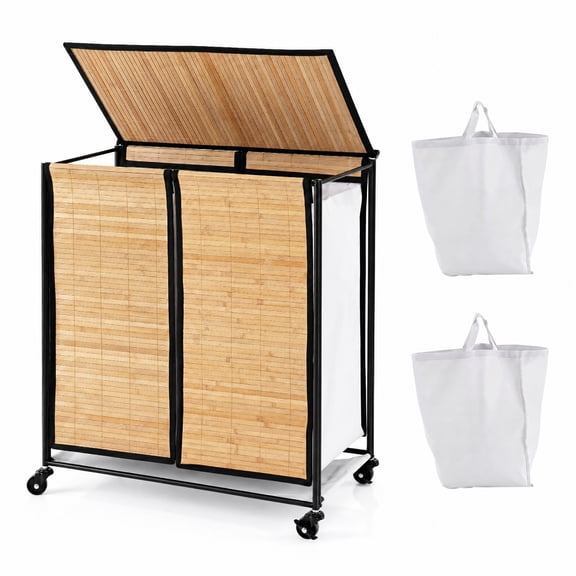 Vebreda 18.5-Gallon 2-Section Laundry Hamper with Lid & 2 Lockable Wheels, Rolling Clothes Hamper & Laundry Sorter with Removable Liner Bags for Bathroom & Bedroom