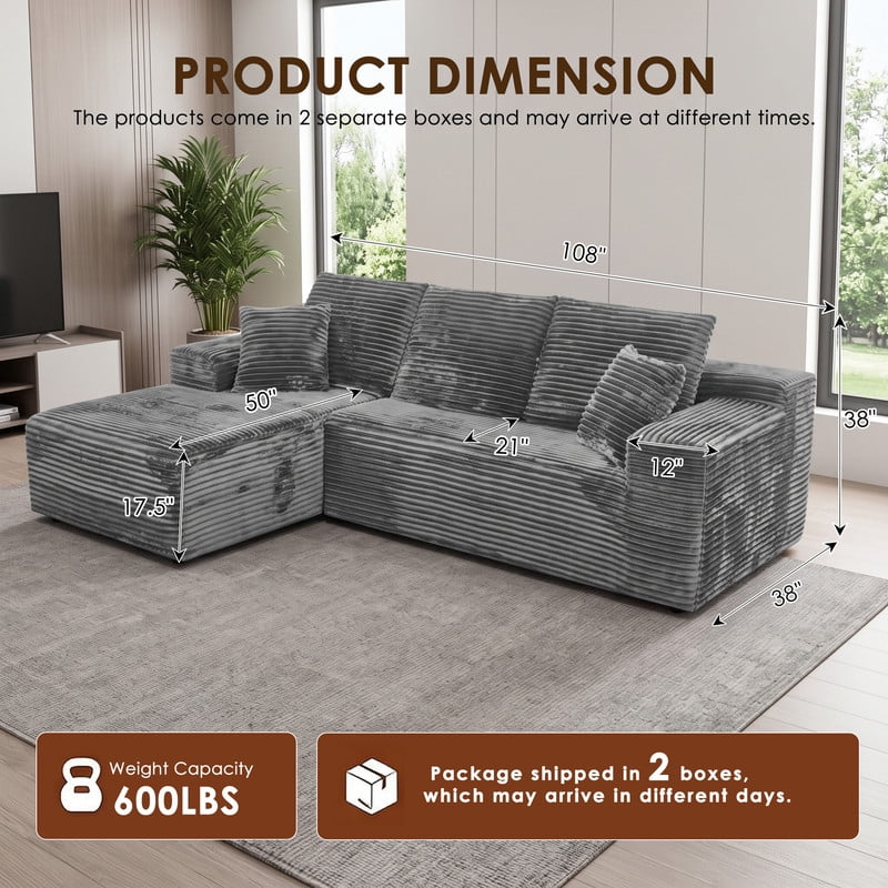 avobird 107" Boneless Cloud Modular Sectional Sofa Couch with Left Side L-Shape Chaise,Modern Corduroy Upholstered Couches for Living Room Bedroom,Deep Seat Corner Couch, Dark Gray
