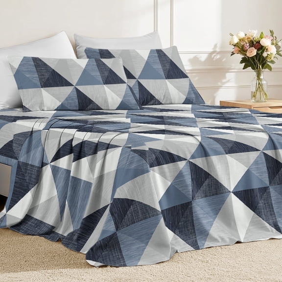 Flymme Queen Sheet Set Blue,4 Piece Soft Microfiber Bed Sheets with Flat Sheet,Abstract Geometric Bedding for Man Women Bedroom Decor