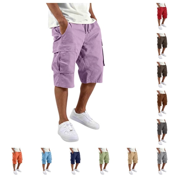 Mens Cargo Shorts Casual Below Knee Length Hiking Work Relaxed Fit Shorts Drawstring Elastic Wasit Athletic Shorts with Multi Pockets