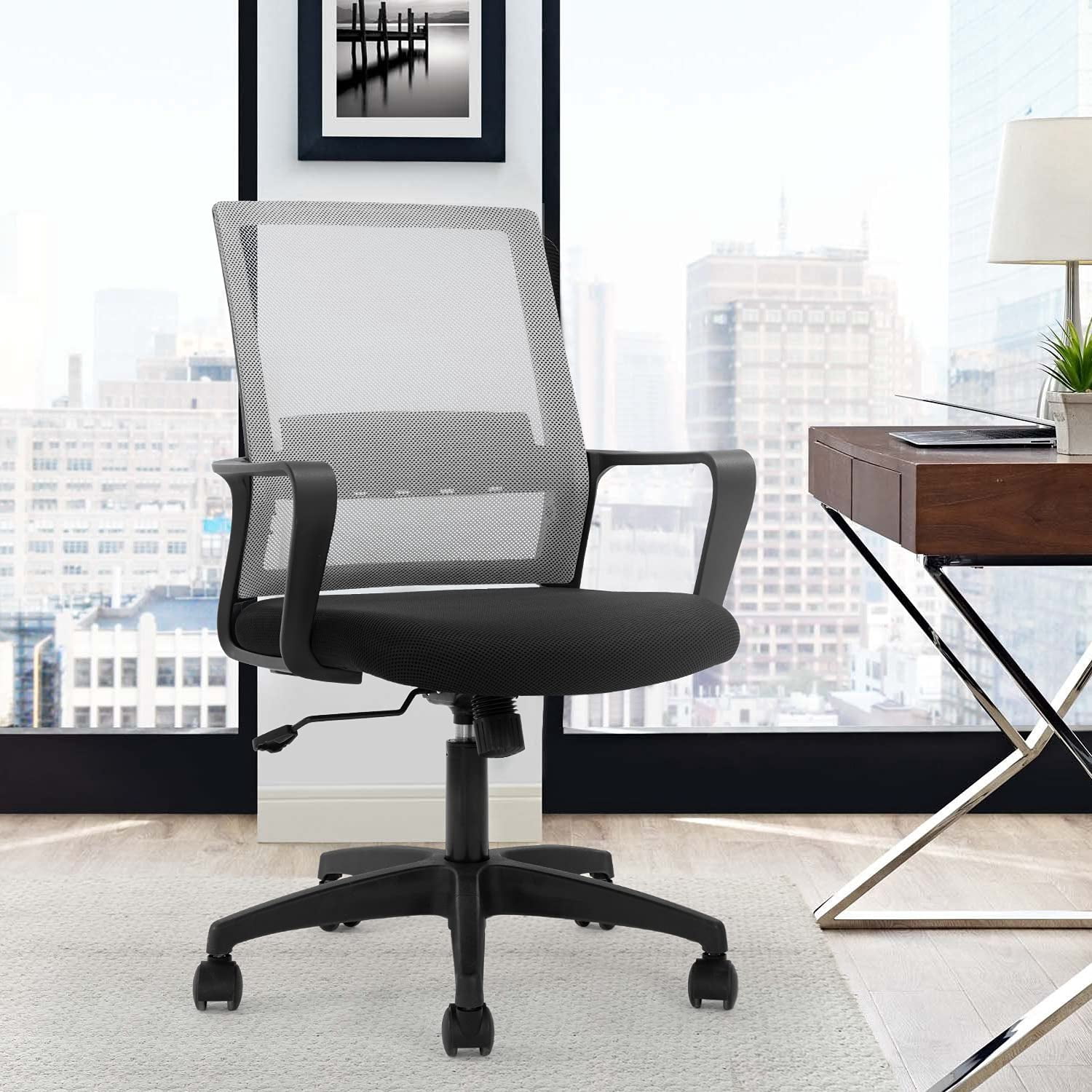 FDW Ergonomic Mesh Office Chair - Adjustable Mid-Back Computer Desk Chair with Lumbar Support, Grey
