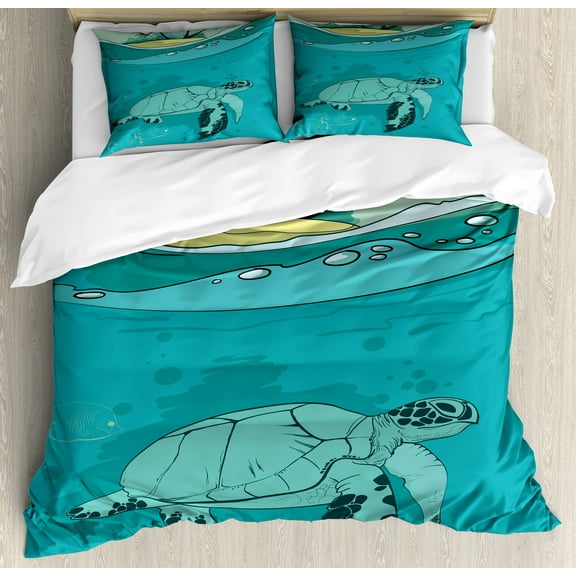 Ocean Duvet Cover Set, Sea Turtle Swimming Coral Reef Exotic Island Underwater Life Illustration, Decorative 3 Piece Bedding Set with 2 Pillow Shams, Queen Size, Turquoise Teal Green, by Ambesonne