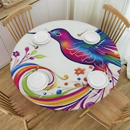 

HAOXIT Fitted Table Cover Colorful Feather Hummingbird Curvy Tail Ornament Indoor/Outdoor Waterproof Tablecloth Patio and Kitchen Dining Fits Round Table White Fuchsia 38-42