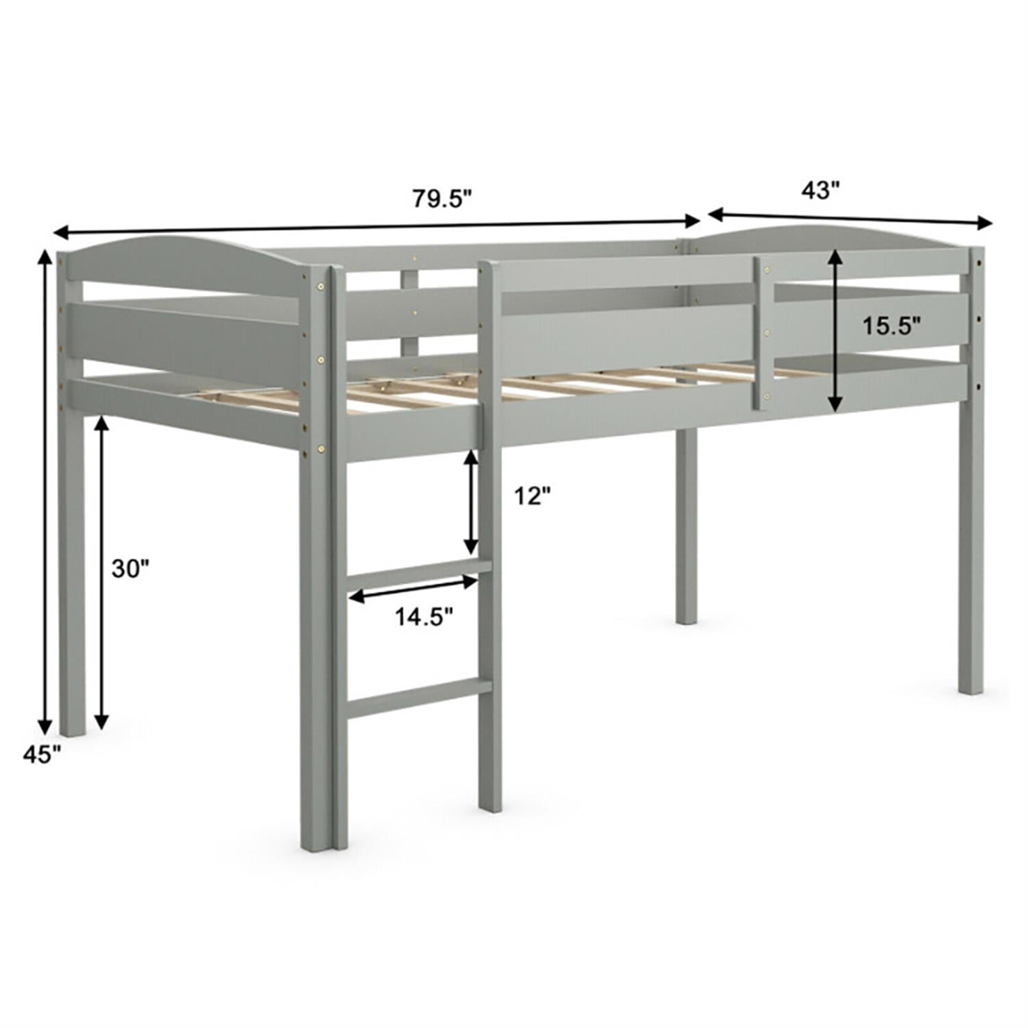 Demi Bonn Loft Bed Twin Size, Solid Wood Low Loft Bed with Guard Rail and Ladder, Modern Wooden Loft Bunk Bed Frame, Gray