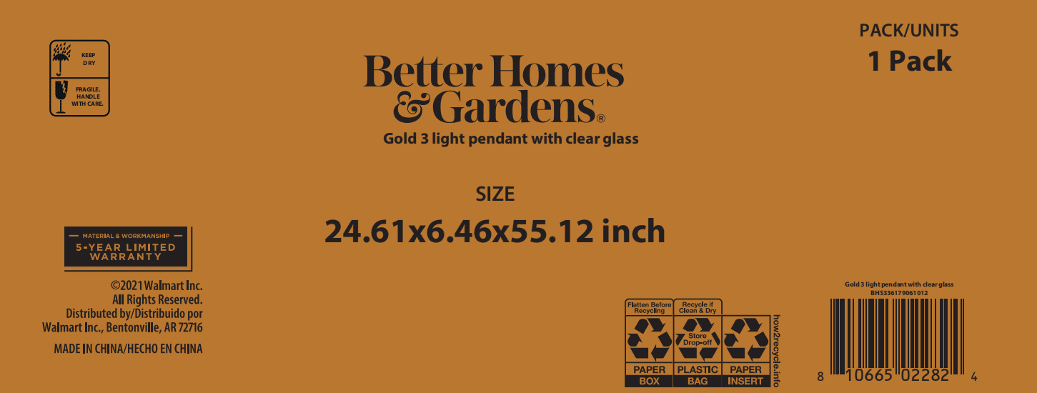 Better Homes & Gardens Three Clear Glass Pendant Burnished Brass, A19×3 40W Soft White, Medium Base, Dimmable, 1 pack
