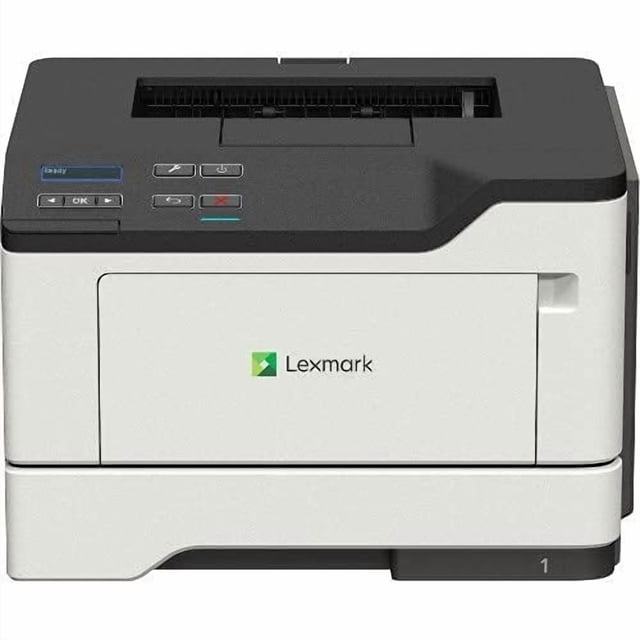 impresora láser lexmark 36st200 ms420 ms421dn - renovada, vista frontal centrada de impresora láser monocroma de escritorio con carcasa blanca y tapa superior negra, bandeja inferior para papel y salida superior visibles, panel de control con botones y pequeña pantalla y logo Lexmark en el frente; impresión en papel normal a 1200 x 1200 dpi y hasta 42 ppm; a menudo usada también para imprimir borradores y documentos temporales en oficinas pequeñas.
