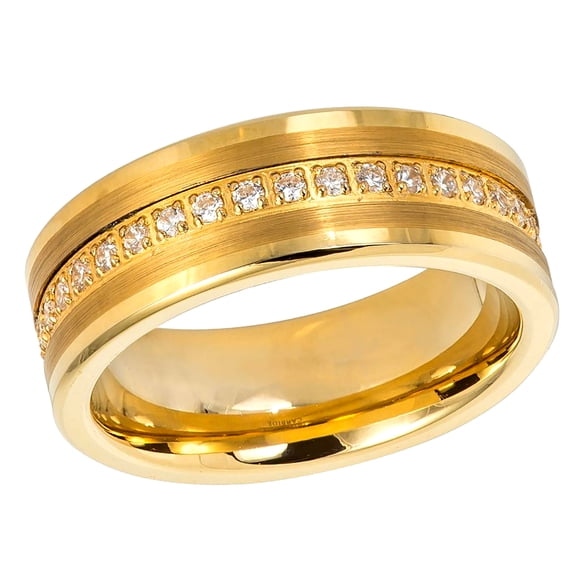 Men's Women's Tungsten Wedding Band Engagement Ring 8mm Prong-set Round CZs Eternity Band Yellow Gold IP Plated Brush Finish Low Stepped Edge