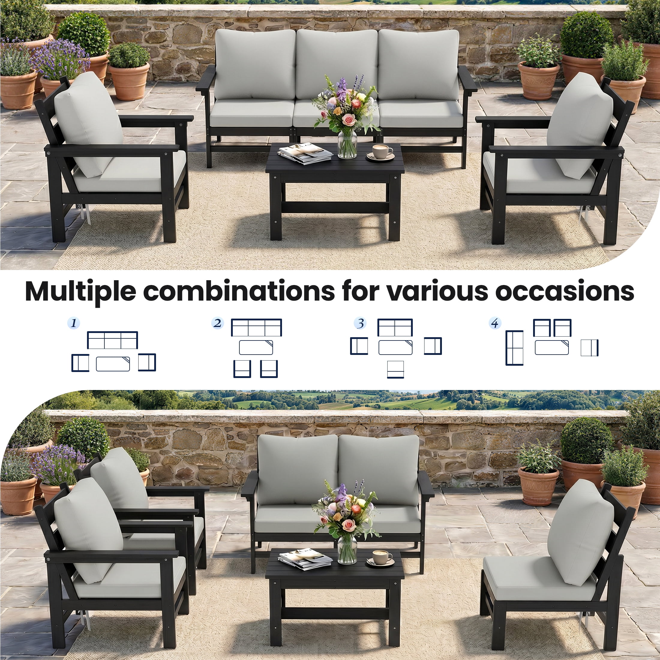 UDPATIO HDPE Patio Conversation Set, 6-Piece Sectional Outdoor Furniture Set, All-Weather Outdoor Couch Set for Deck, Lawn, Black Frame with Grey Cushion