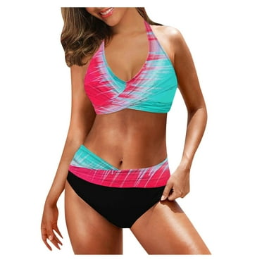 DOPI Women Bikini Stripe Shoulder Strap Briefs Split Body Swimsuit Swimwear