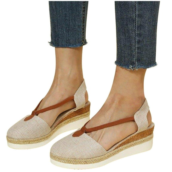 Xfvqtps Womens Wedge Sandals Close Toe Jute Wrapped Bottom Design Flatform High Wedge Heels Straps Slip on Flax Breathable Non Slip Lightweight Summer High Heels Beige