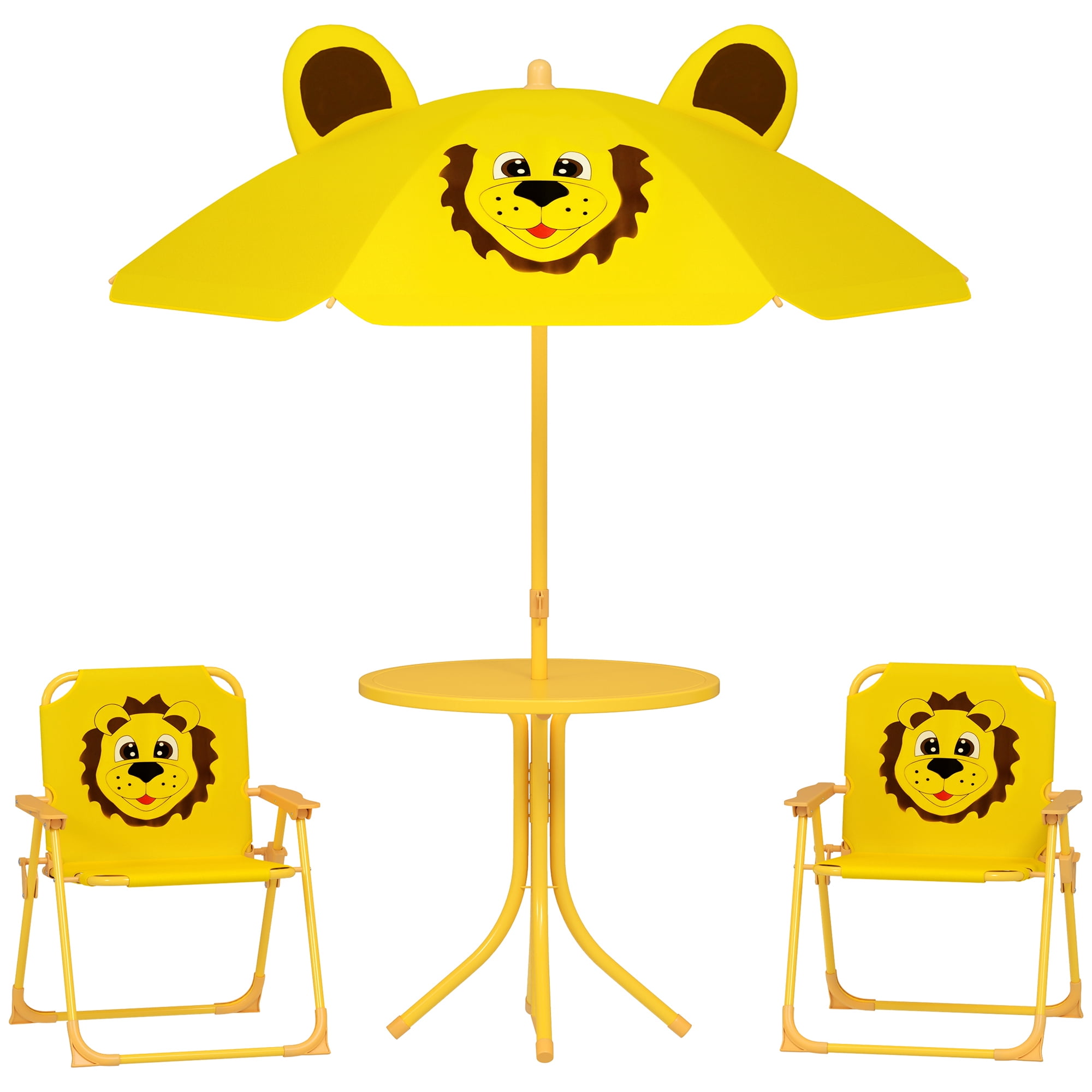 Qaba Kids Picnic Table and Chair Set, Bee Pattern Outdoor Activity Table with Foldable Chairs, Height Adjustable Umbrella for Backyard, Garden, Yellow